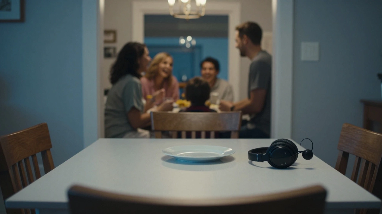 An empty chair at a holiday dinner table with headphones left behind, symbolizing boundaries.