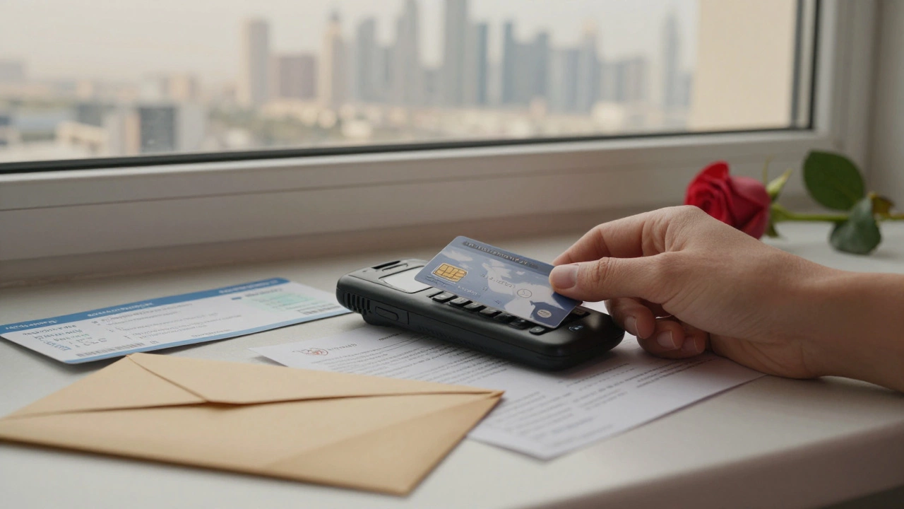 Hand placing a SIM card on a windowsill with plane ticket and rose overlooking Dubai skyline.