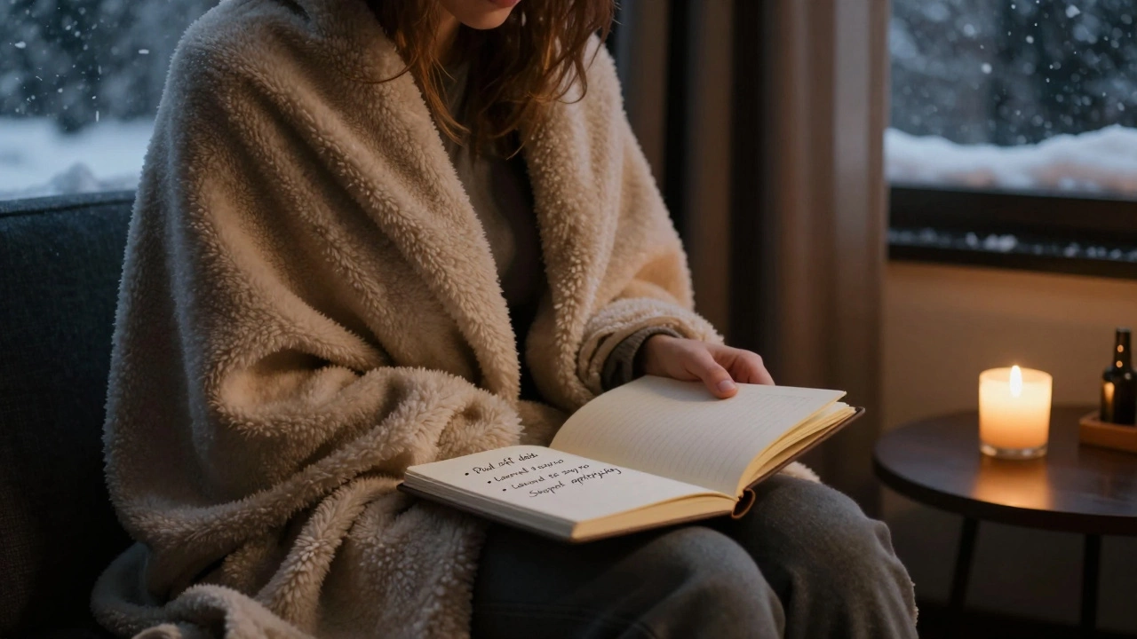 Someone writes down personal achievements in a journal in a quiet hotel room at night.