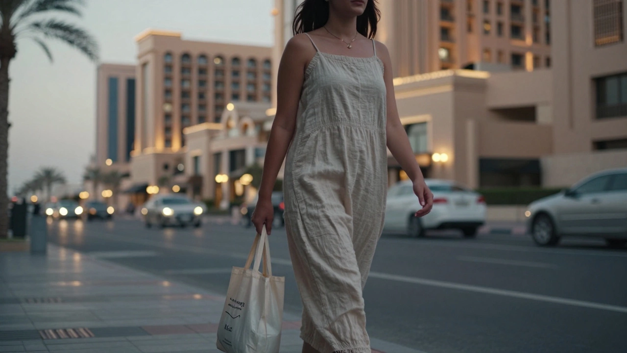 Woman walking alone at dusk in Dubai, luxury hotels blurred in background.